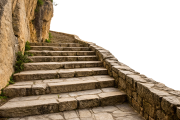 Historic stone steps curving upward along rocky mountainside with natural vegetation growing in weathered ancient cracks, isolated on a transparent background