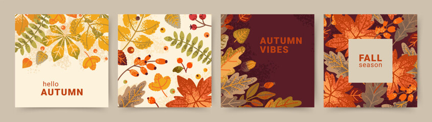 Autumn, Fall set of cute backgrounds with leaves, branches, berries and acorns. Vector hand drawn botanical illustration with texture for seasonal poster, greeting card, invitation with leaf pattern