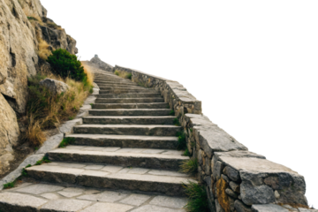 Rustic stone steps winding up rocky terrain with golden dried grass and green moss patches growing, isolated on a transparent background
