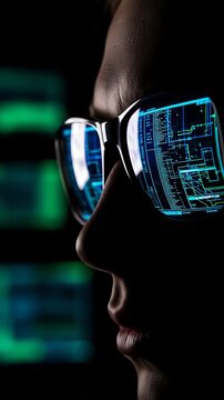Hacker with glasses using computer at night