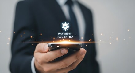 Businessman holding phone payment accepted transaction