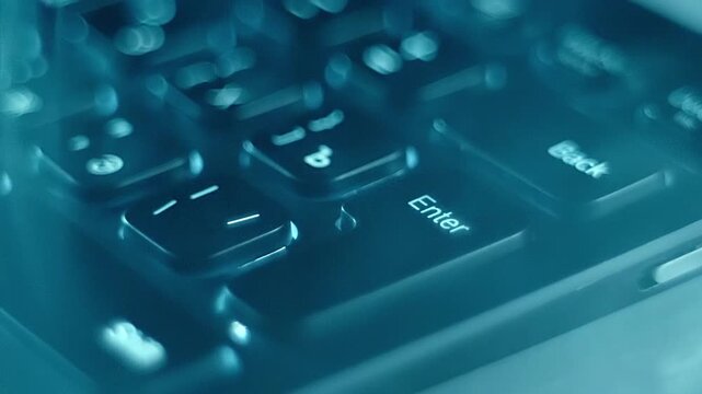 A man's finger hits the Enter key with force and the smoke that covered the keyboard spreads out in a circular wave in different directions. Closeup. Macro. Slow mo, slow motion, high speed camera, 20