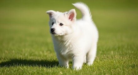 Adorable white swiss shepherd puppy playing on the green grass in the park during the sunny day,