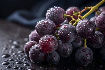 Ripe Grapes Covered in Water Droplets on a Dark Surface
