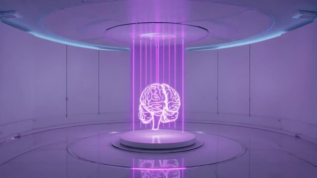 Neon pink brain graphic on a circular white pedestal in a lavender-toned, futuristic space