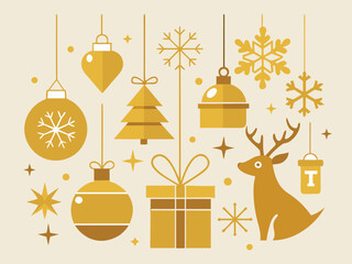 Golden Flat Christmas Elements Collection