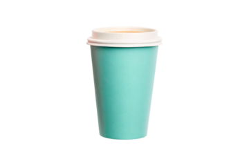 Mint green disposable coffee cup with white lid containing beverage, clean minimalist style, isolated on a transparent background