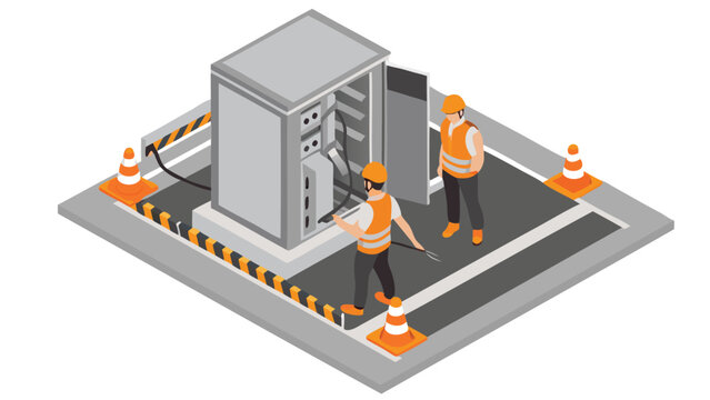 Isometric view of workers repairing electrical box with safety cones and barricades near the road