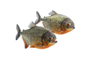 Two piranha fish with golden spotted bodies, orange bellies, and bright red eyes shown, isolated on a transparent background