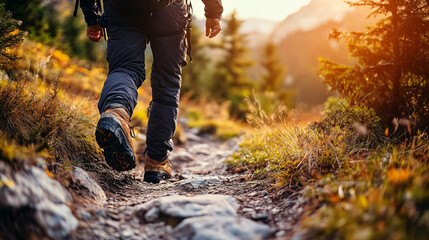 Person walking along a winding trail surrounded by scenic views of nature and mountain peaks