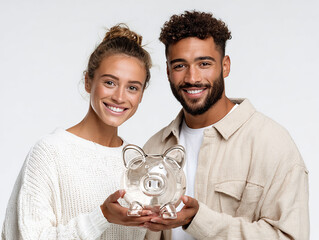 A cheerful young couple holding a transparent piggy bank, symbolizing financial planning, savings, and family investment. Great for financial blogs, bank advertisements, wealth management services, an