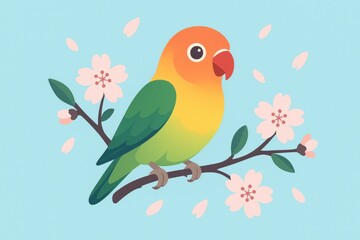 Fototapeta premium Delightful Lovebird Illustration with Cherry Blossoms on Blue