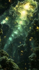 Obraz premium Illuminated Forest Canopy with Glowing Light Streaks