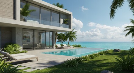 Fototapeta premium Modern home with pool overlooking the ocean, greenery & blue skies