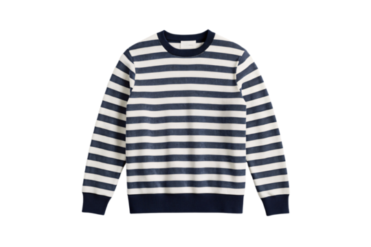 Classic navy and cream striped crew neck pullover sweater with ribbed trim and casual comfortable fit, isolated on a transparent background