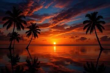 Tropical Paradise A Stunning Sunset over the Ocean with Palm Trees Silhouette