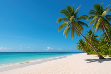 Obraz premium Tranquil Tropical Paradise Beach with Palm Trees and Turquoise Ocean Waves