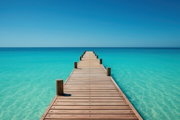 Wooden Pier Extending Into Turquoise Ocean Waters Under Clear Blue Sky, Summer Day