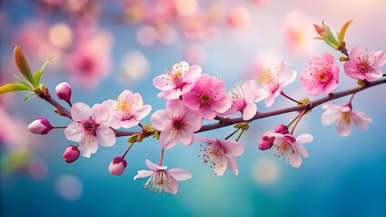 Obraz premium Delicate pink cherry blossoms bloom on a branch against a softly blurred blue and pink background