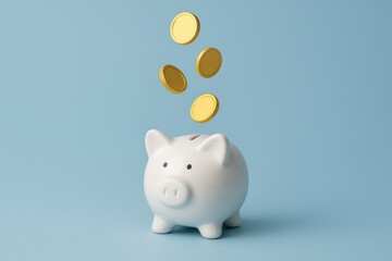Saving Money Concept Coins Falling into a White Piggy Bank