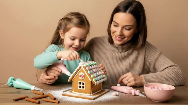 Winter Wonderland: Cozy Christmas Home. The girl, with a joyful expression, is actively applying decorations, while the mother smiles and assists. Various supplies like candy, icing, piping bags