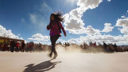 Person running energetically on a paved street surrounded by trees and urban structures nearby