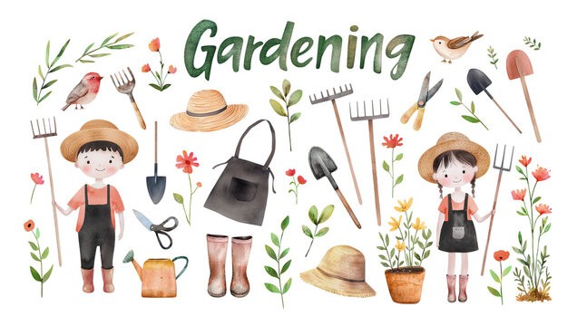 Gardening set with little characters. Children's watercolor illustration collection of flowers, plants, tools, clothes, birds. Isolated clipart with clear even edge on transparent background