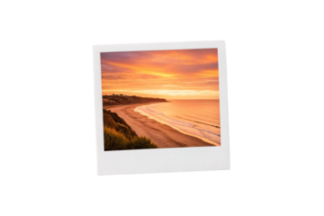Golden sunset illuminates sandy beach with rolling waves and clifftop vegetation, isolated on a transparent background