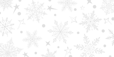 A vibrant Christmas illustration featuring large intricate snowflakes in various designs, interspersed with stars and small circles, gray on white background.