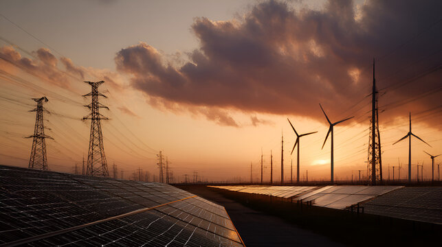 Solar panels and wind turbines create a sustainable energy landscape beneath a dramatic sunset sky, symbolizing a commitment to renewable resources. - Powered by Adobe