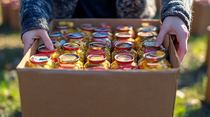 Cardboard box filled with various glass jars of food.