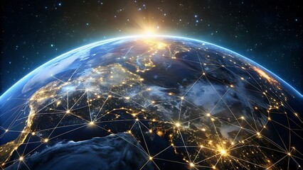 Global Network Connections and Data Transfer Over Planet Earth at Sunrise