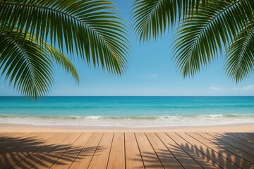 Tropical Beach Paradise Serene Ocean View with Palm Leaves
