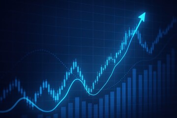 Financial chart displaying an upward trend with candlestick bars and a rising arrow on a blue background, symbolizing growth and success