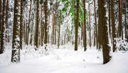Fototapeta premium Snow-Covered Tranquility: A Winter Forest Scene of Peaceful Beauty and Serenity
