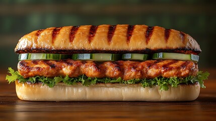 Grilled chicken sandwich with cucumber and lettuce.