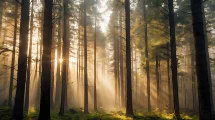 Fototapeta premium sunrise in the forest, Vertical Minimalist Forest with Soft Light Haze and Golden Sunbeams