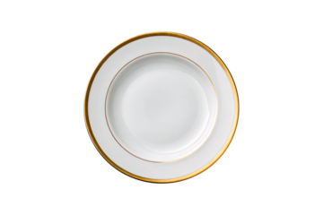 Elegant white ceramic soup bowl with gold rim trim, isolated on a transparent background