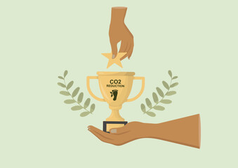 CO2 Reduction Award. Hand presenting golden CO2 reduction trophy representing environmental award ceremony and sustainability recognition. Carbon neutral award. Net zero concept. Vector illustration