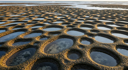 Close-up view of a textured, eroded sandstone surface with numerous water-filled depressions, showcasing natural formations.