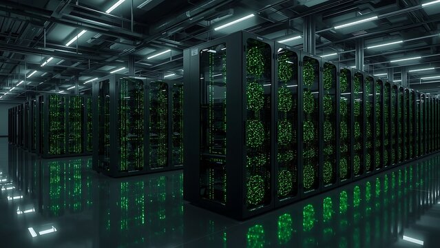 AI supercomputer cluster Racks of GPUs with synchronized green cooling LEDs, glass-walled data hall, futuristic aesthetic.