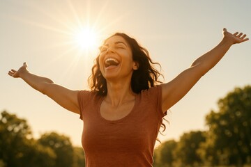 Joyful woman celebrating with arms outstretched against a sunny sky