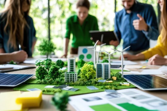 A group collaborates on a sustainable urban planning project featuring models of green buildings, wind turbines, and solar panels.