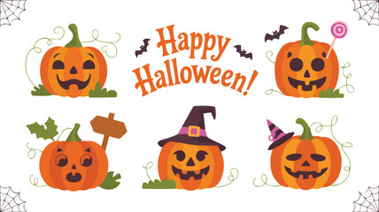Adorable Happy Halloween Pumpkins Illustration Featuring Bats, Candy, Witch Hats and Cobwebs on White