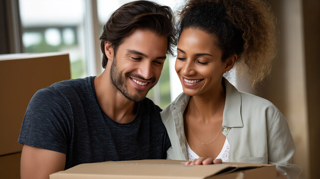 Excited diverse couple moving into new home under gentle sunlight