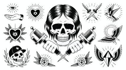 Fototapeta premium Black and White Tattoo Flash Sheet Featuring Skull, Daggers, Hearts, Roses, and Birds