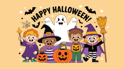 Cartoon Children Celebrating Halloween in Costumes with a Ghost, Pumpkins, Bats and Stars