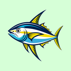 Cartoon yellowfin tuna fish illustration-Stylized cartoon drawing of a yellowfin tuna with blue, yellow, and white colors on a green background, ideal for fishing artwork.