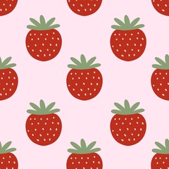 Cute strawberry pattern with red fruit, green leaves, and pink background. Perfect for kids' designs, textiles, and digital prints. Simple, fun, and bold illustration style.