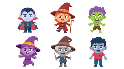 Cartoon Halloween Characters Cute Vampire, Witch, and Zombie Kids Illustration Collection